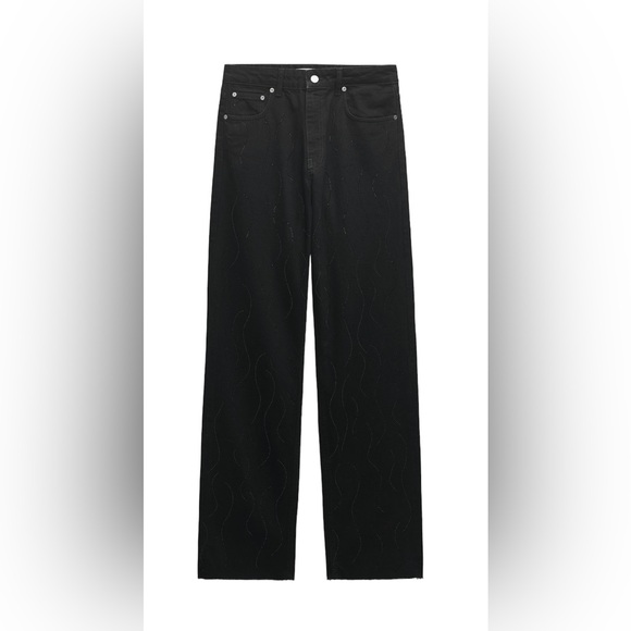 Zara Womens Straight Leg Mid Rise Rhinestone Black Jeans Size US 2/ EU 34 NWT - Picture 2 of 13